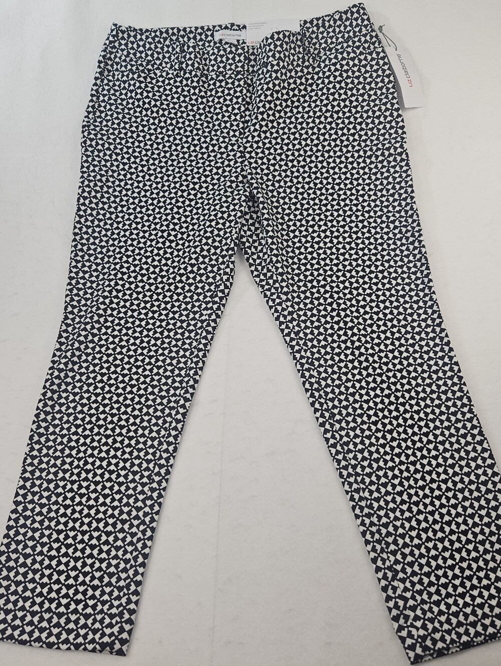 Liz Claiborne Women's Black/White Geometric Stretch Emma Ankle Dress Pants Sz 12